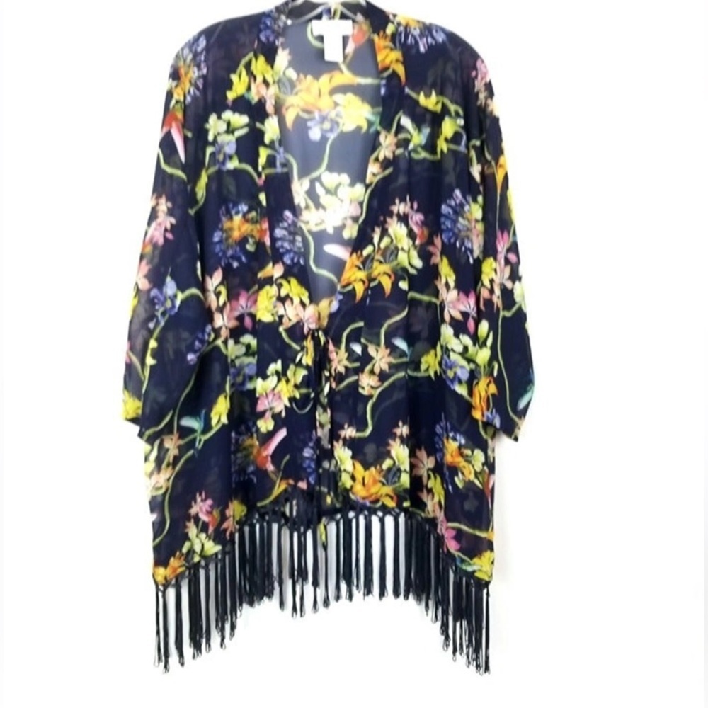 NWOT Carmen Marc Valvo Sheer Kimono Robe Cover up  Floral bird Size S